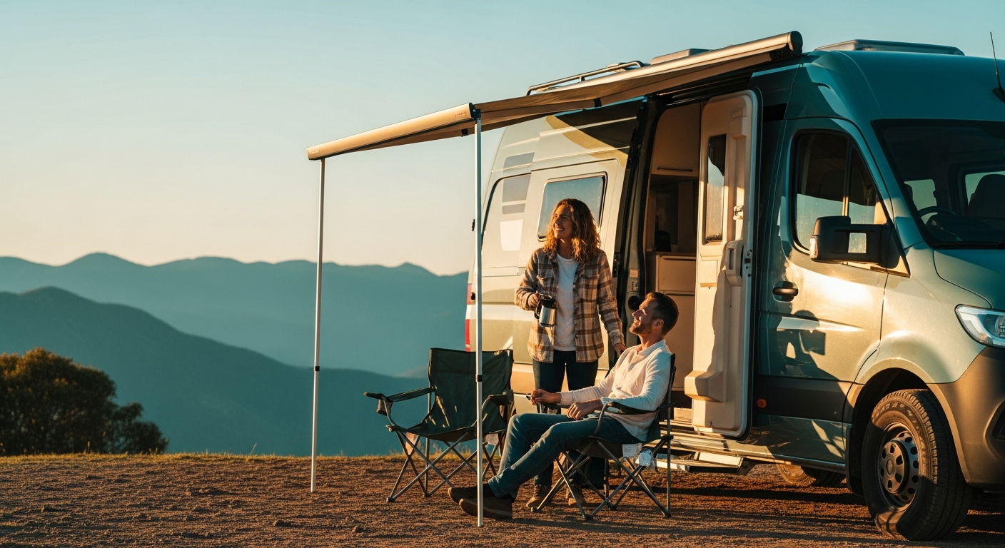 Paar entspannt bei Abendsonne neben seinem Wohnmobil in weiter Berglandschaft